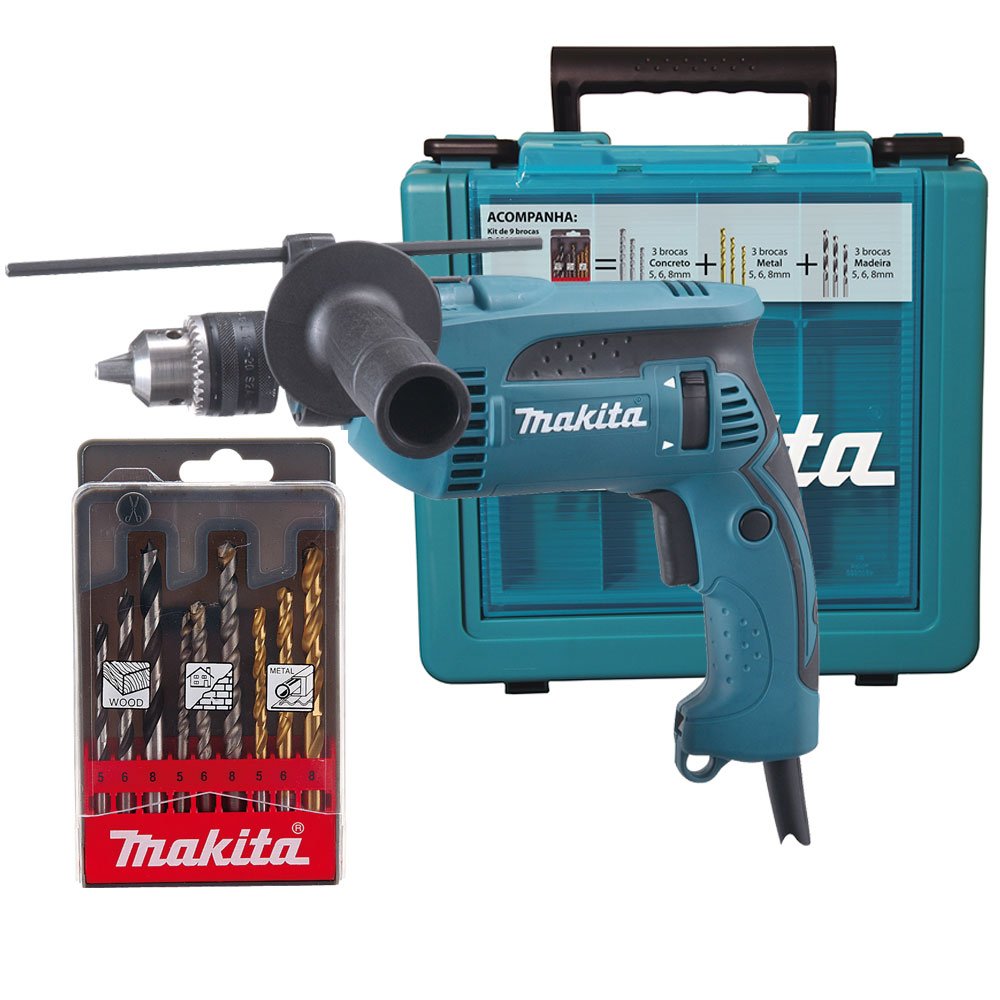 Furadeira de Impacto Vel. Variável e Reversível 1/2 Pol. 760W 220V com Kit de Broca MAKITA-HP1640KX1
